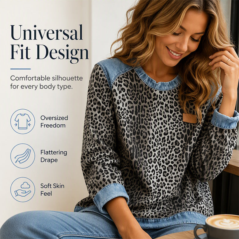 Sweat-shirt décontracté à col rond pour femme, imprimé léopard