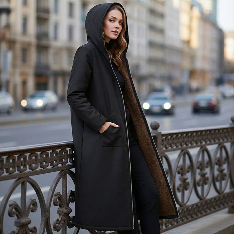 Manteau long vintage pour femme, doublé de tissu duveteux, avec capuche