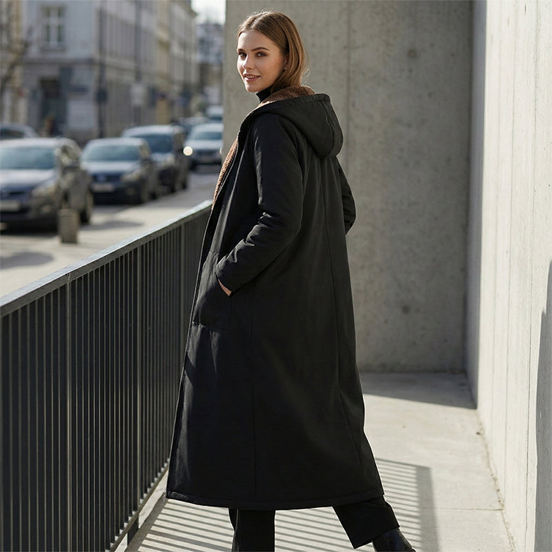 Manteau long vintage pour femme, doublé de tissu duveteux, avec capuche