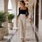 Pantalon femme à taille haute, plissé et à jambes larges