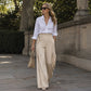 Pantalon femme à taille haute, plissé et à jambes larges