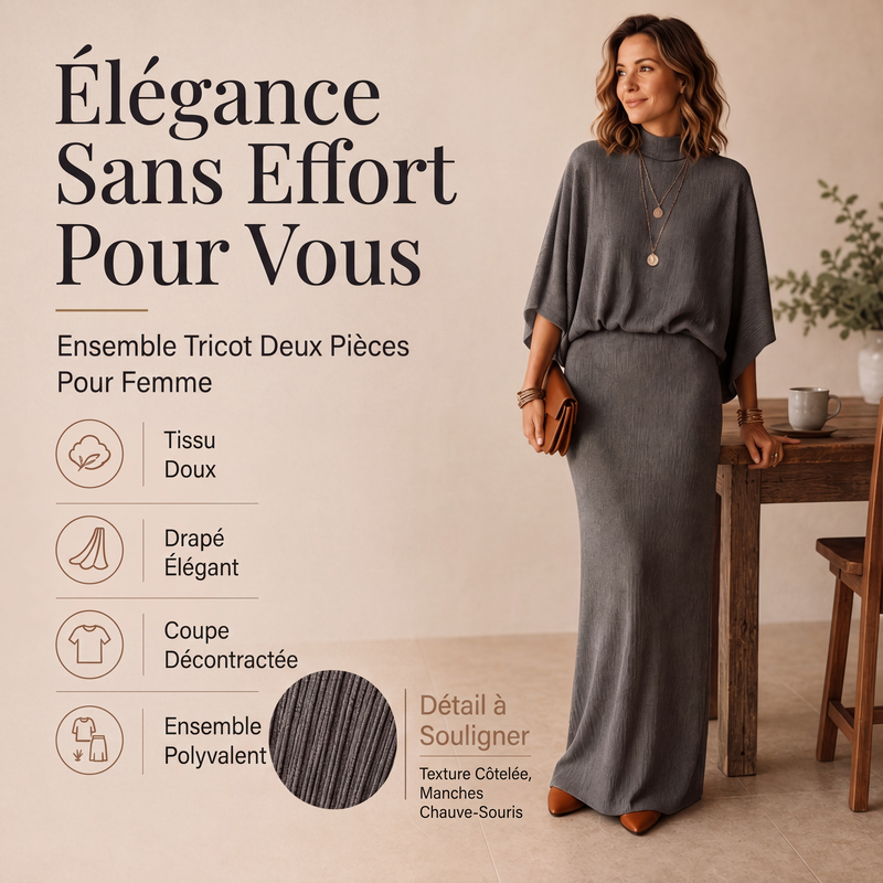 🔥 50% de réduction 🔥Ensemble haut à manches chauve-souris et jupe longue pour femme