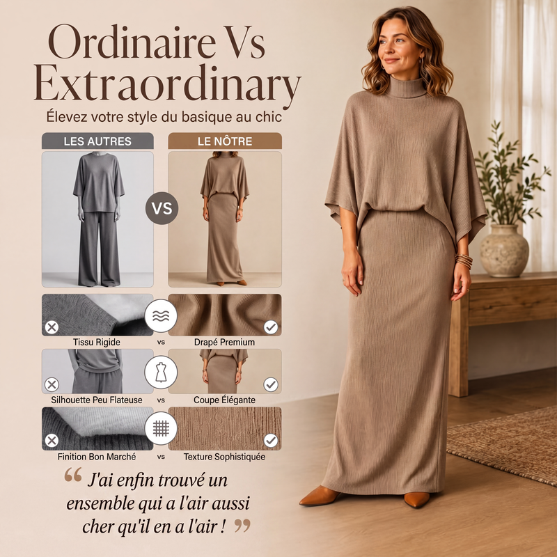 🔥 50% de réduction 🔥Ensemble haut à manches chauve-souris et jupe longue pour femme