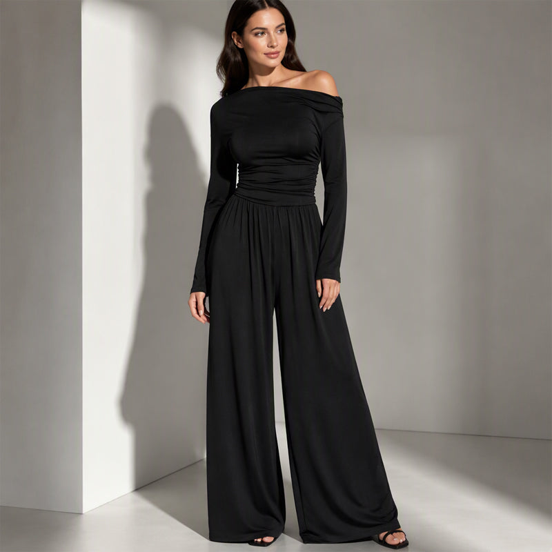 Combinaison pantalon large à épaules dénudées pour femme