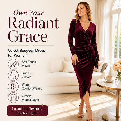 Robe moulante en velours à col V et fronces pour femme