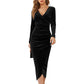 Robe moulante en velours à col V et fronces pour femme