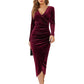 Robe moulante en velours à col V et fronces pour femme