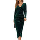 Robe moulante en velours à col V et fronces pour femme