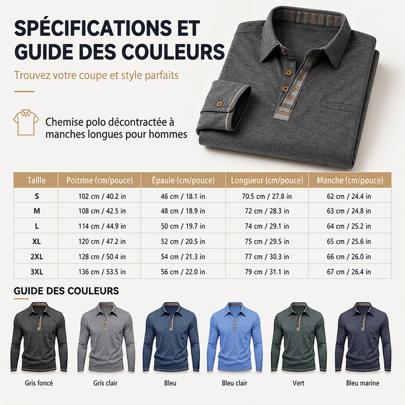 Chemise décontractée à manches longues et col pour homme