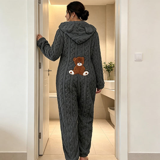 Pyjama une-pièce à capuche motif ours mignon pour femme