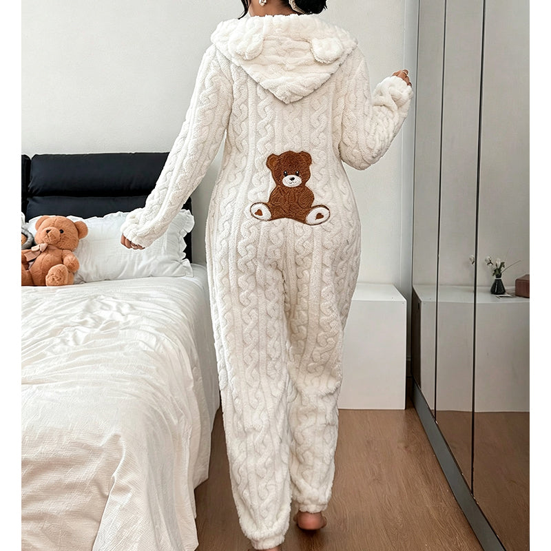 Pyjama une-pièce à capuche motif ours mignon pour femme