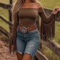 Haut pour femme de style western à épaules dénudées avec manches à franges