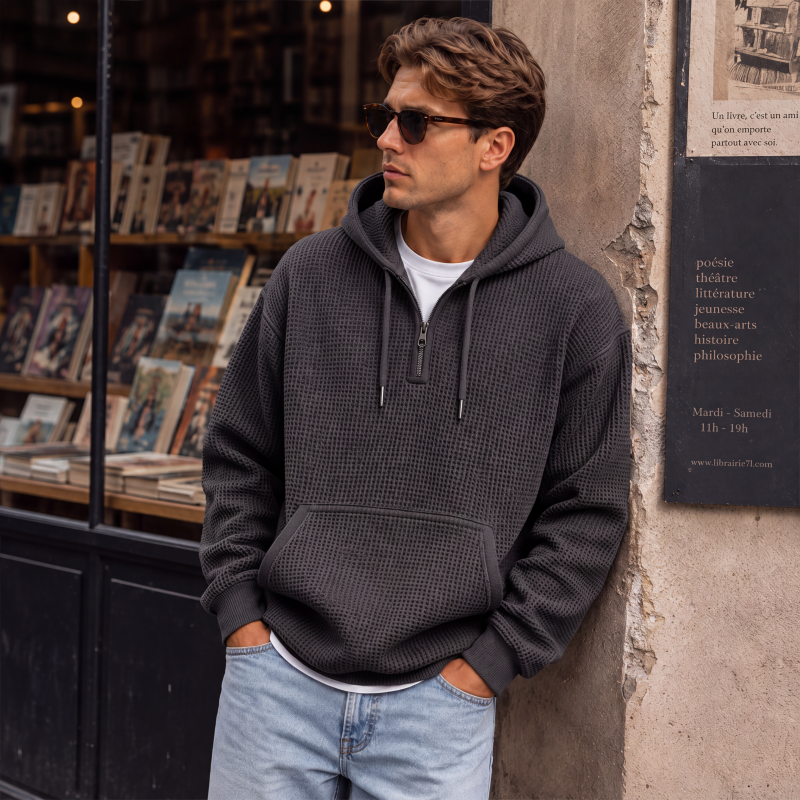 📢📢50 % DE RÉDUCTION !! ⏰Sweat à capuche en maille à demi-zip pour homme