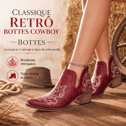 Bottines Martin à talon bloc et coupe V rétro pour femmes, grande taille, unies ou à imprimé floral, pour l'automne et l'hiver