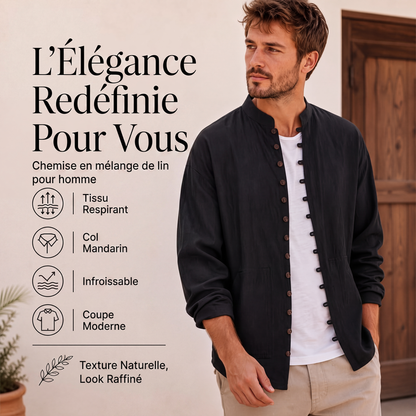 Chemise décontractée à col montant pour homme, manches longues