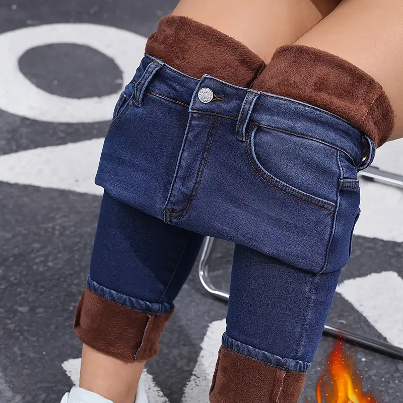 Jean skinny pour femme, très extensible, doublé de peluche