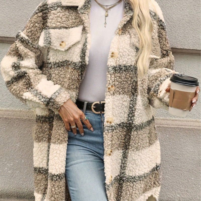 Manteau classique à carreaux mi-long décontracté pour femme