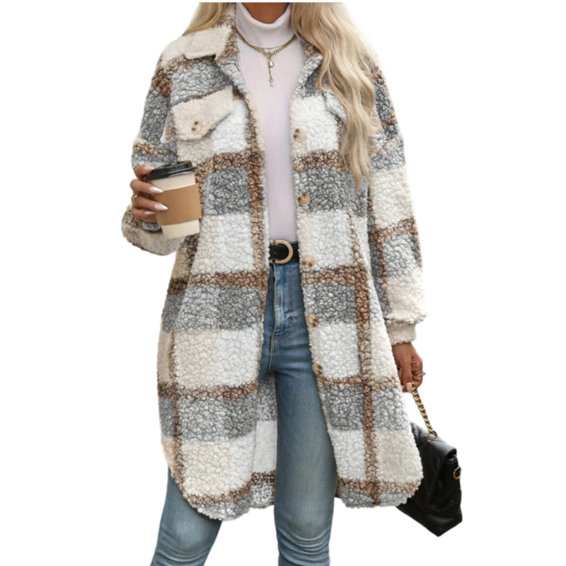 Manteau classique à carreaux mi-long décontracté pour femme
