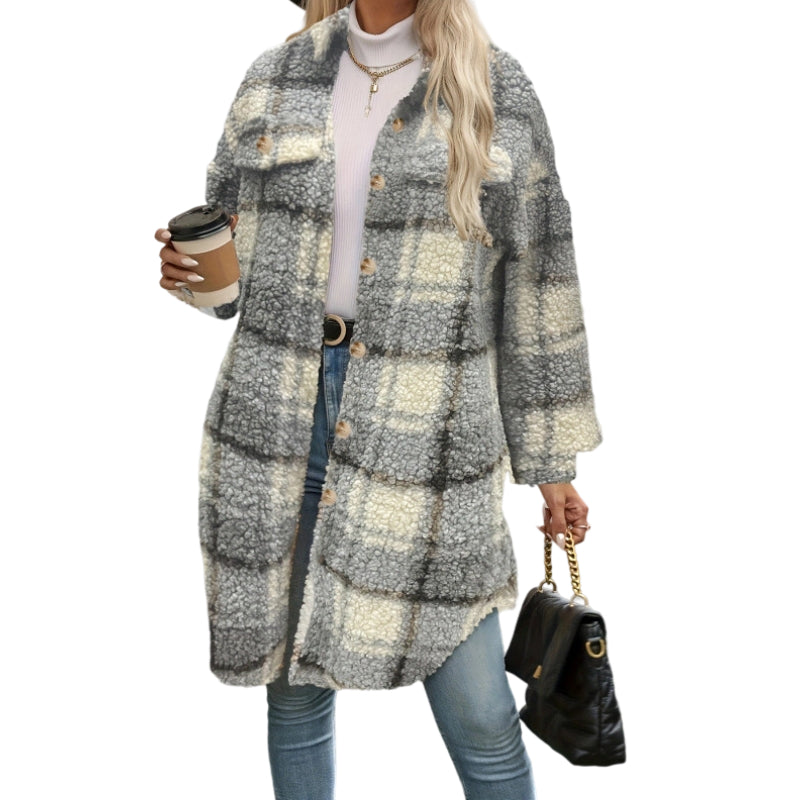 Manteau classique à carreaux mi-long décontracté pour femme