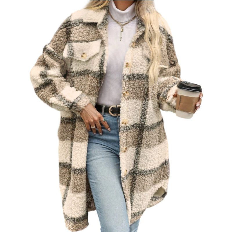 Manteau classique à carreaux mi-long décontracté pour femme