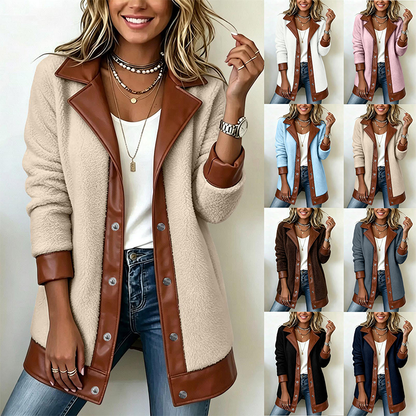 Veste en peluche à patchwork et à col revers pour femme