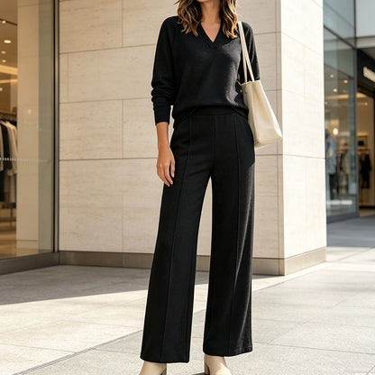 Ensemble décontracté pour femme : haut à col V et pantalon à jambes larges