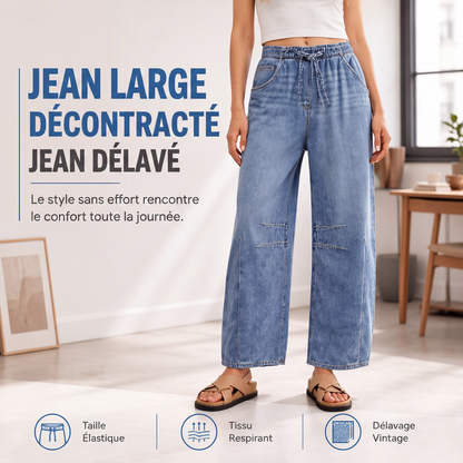 Pantalon en denim décontracté à jambes larges et coupe relax pour femme