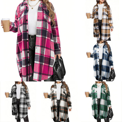 Manteau long à revers, à carreaux, élégant, pour femme