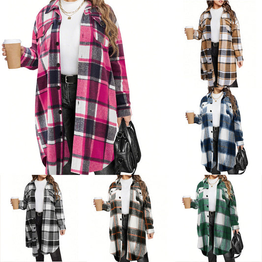 Manteau long à revers, à carreaux, élégant, pour femme