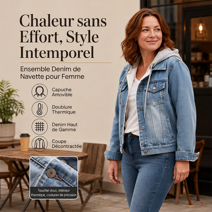 Veste en jean à capuche superposée pour femme, avec doublure chaude