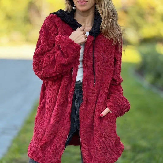 Manteau jacquard douillet, chaud et duveteux, à capuche et fermeture éclair