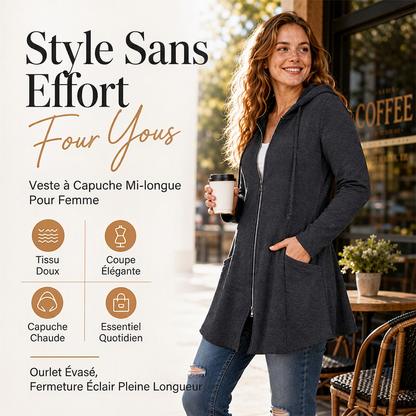 Veste à capuche mi-longue zippée pour femme