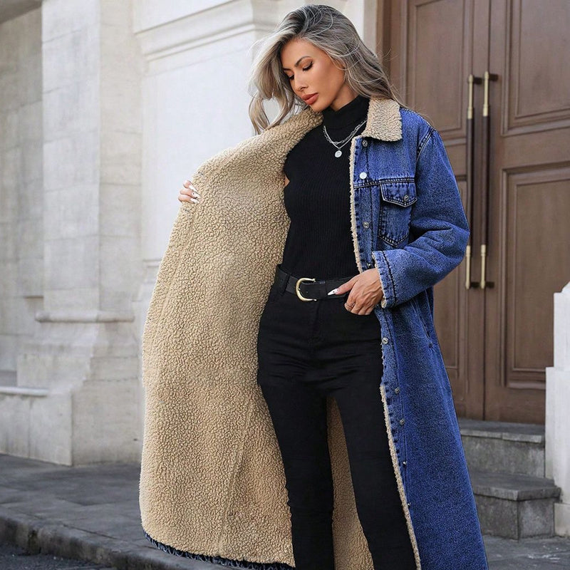 Manteau long en jean doublé chaud pour femme