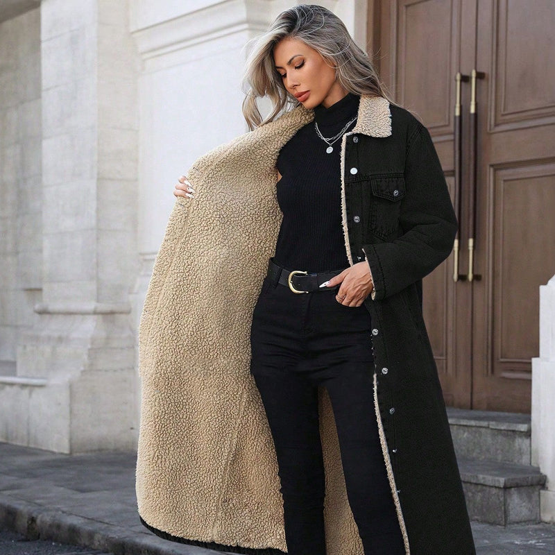 Manteau long en jean doublé chaud pour femme