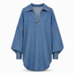 Chemise pull en jean décontractée pour femme, col V, manches chauve-souris et ourlet asymétrique, coupe ample