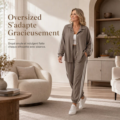Ensemble de détente décontracté pour femme composé d'une chemise oversize à boutons et d'un pantalon de jogging à bandes latérales