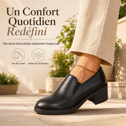 Escarpins à enfiler style britannique rétro pour femmes, talon bloc mi-haut, modèle grande taille, talon épais, chaussures basses