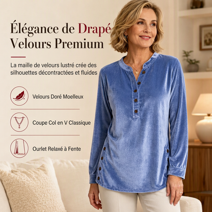 T-shirt décontracté à manches longues en velours ample pour femme, avec col V boutonné