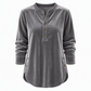 T-shirt décontracté à manches longues en velours ample pour femme, avec col V boutonné