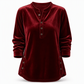 T-shirt décontracté à manches longues en velours ample pour femme, avec col V boutonné
