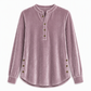 T-shirt décontracté à manches longues en velours ample pour femme, avec col V boutonné