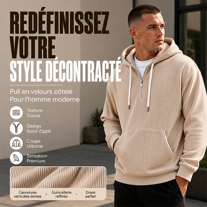 Sweat à capuche décontracté en velours côtelé pour homme, demi-zip