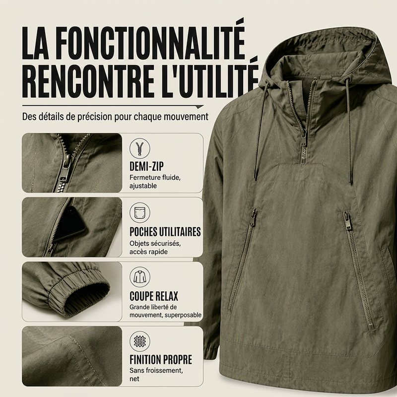 Anorak à capuche décontracté coupe-vent pour homme