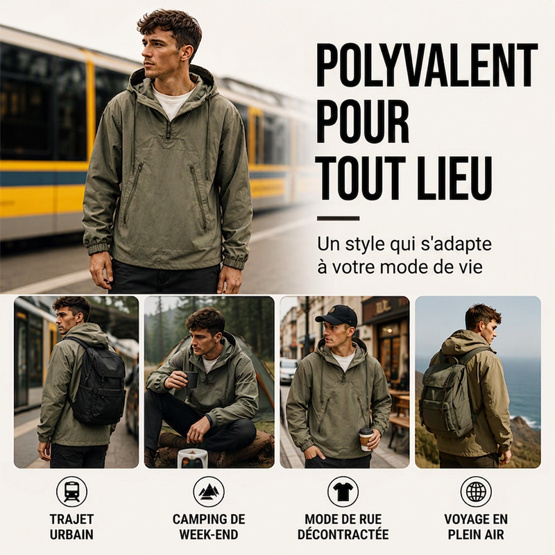 Anorak à capuche décontracté coupe-vent pour homme