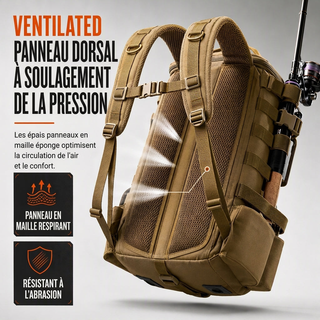 Sac à dos de pêche extérieur pour homme, sac de voyage multifonction à grande capacité avec porte-canne, sac pour matériel de pêche aux leurres