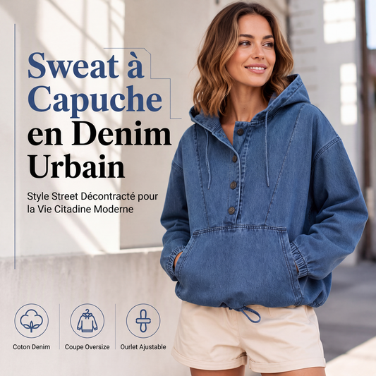 Sweat à capuche en jean décontracté boutonné pour femme