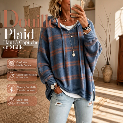 Pull en maille à capuche à carreaux rétro pour femme