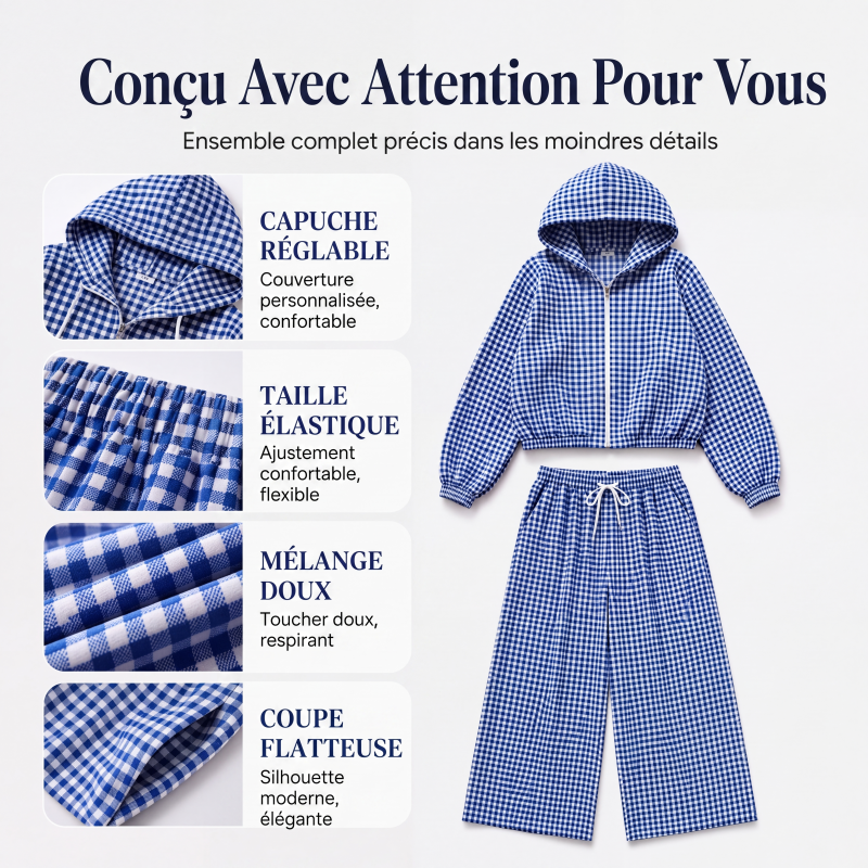 Ensemble 2 pièces à capuche vichy pour femme