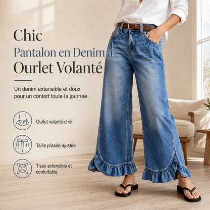 Jean femme stretch confortable à jambes larges, avec taille plissée et ourlet à volants