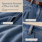 Jean femme stretch confortable à jambes larges, avec taille plissée et ourlet à volants